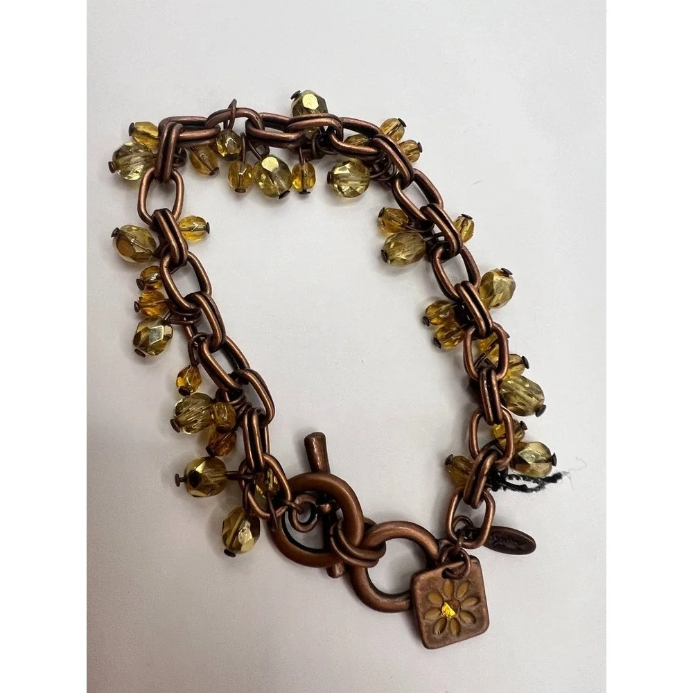 Cookie Lee Copper Bracelet‎ Lot 0f 2 Yellow Glass Beads Rhinestone Chain Boho